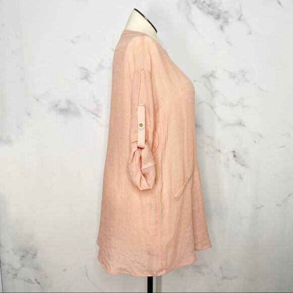 NWT Umgee Roll Tab Sleeve Tunic Top Peach Oversized Gauzey Flowy Beach Size L - Picture 3 of 7
